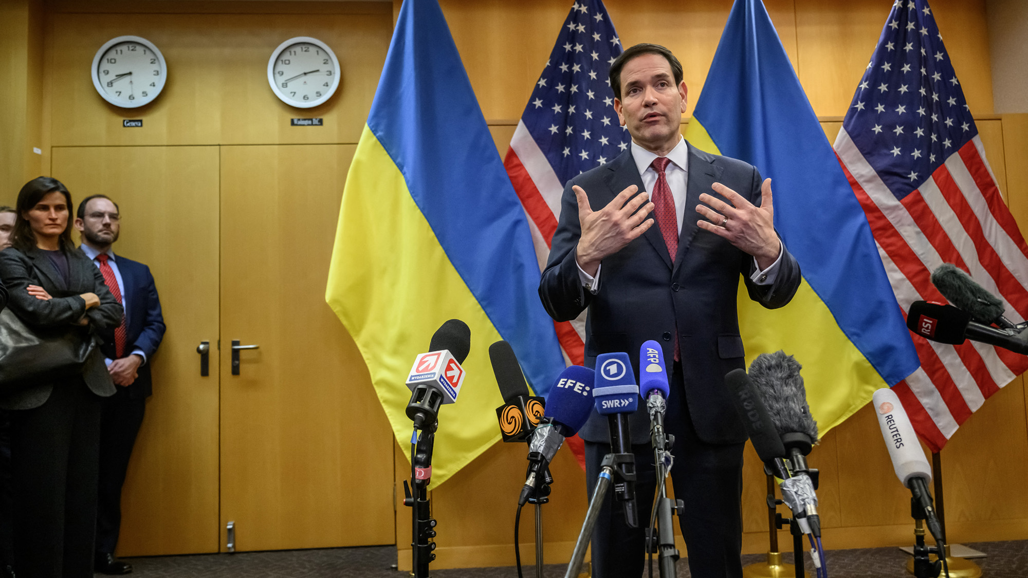 US Secretary of State Marco Rubio holds a press conference following a closed-door talks on a US plan to end the war in Ukraine at the US Mission in Geneva, on November 23, 2025. US Secretary of State Marco Rubio arrived in Geneva on November 23, 2025 morning for discussions on a US plan to end the Ukraine war, after Washington signalled room for negotiation on the controversial proposal. Ukrainian, European and Canadian officials were also gathering in the Swiss city.