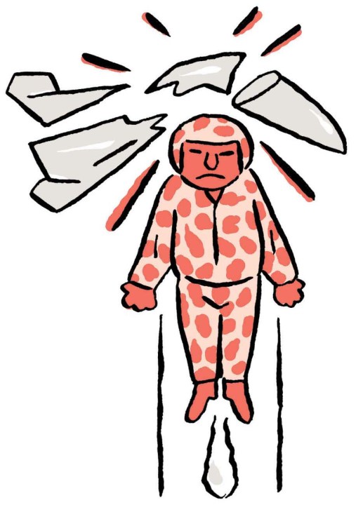 Illustration of flying man breaking drone with helmet