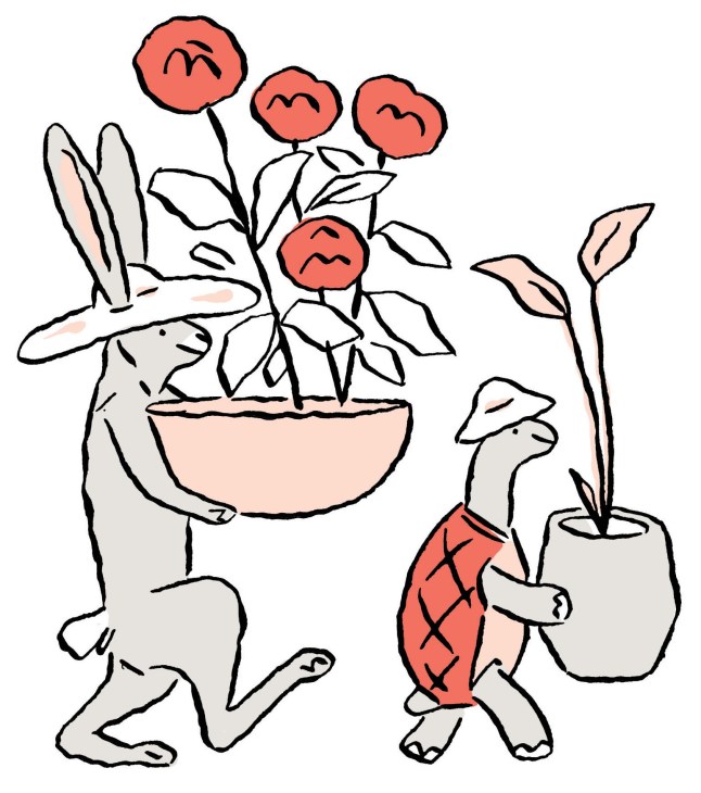 Illustration of a rabbit and tortoise carrying plants