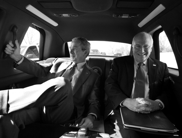 Vice President Cheney and President George W Bush riding in back of a limousine smiling, Washington DC, Washington, USA, February 28, 2008. (Photo by Smith Collection/Gado/Getty Images)