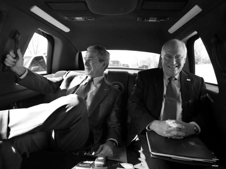 Vice President Cheney and President George W Bush riding in back of a limousine smiling, Washington DC, Washington, USA, February 28, 2008. (Photo by Smith Collection/Gado/Getty Images)
