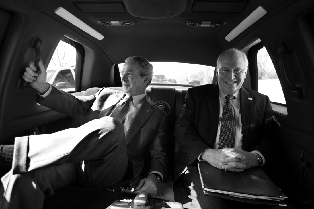 Vice President Cheney and President George W Bush riding in back of a limousine smiling, Washington DC, Washington, USA, February 28, 2008. (Photo by Smith Collection/Gado/Getty Images)
