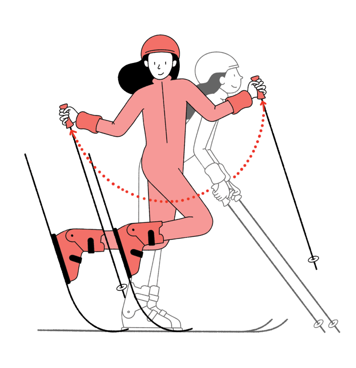 Illustration demonstrating a 'tip stand' move in ski ballet