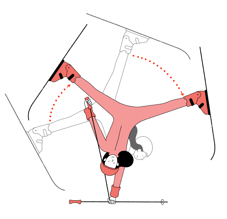 Illustration demonstrating a 'one pole cartwheel' move in ski ballet