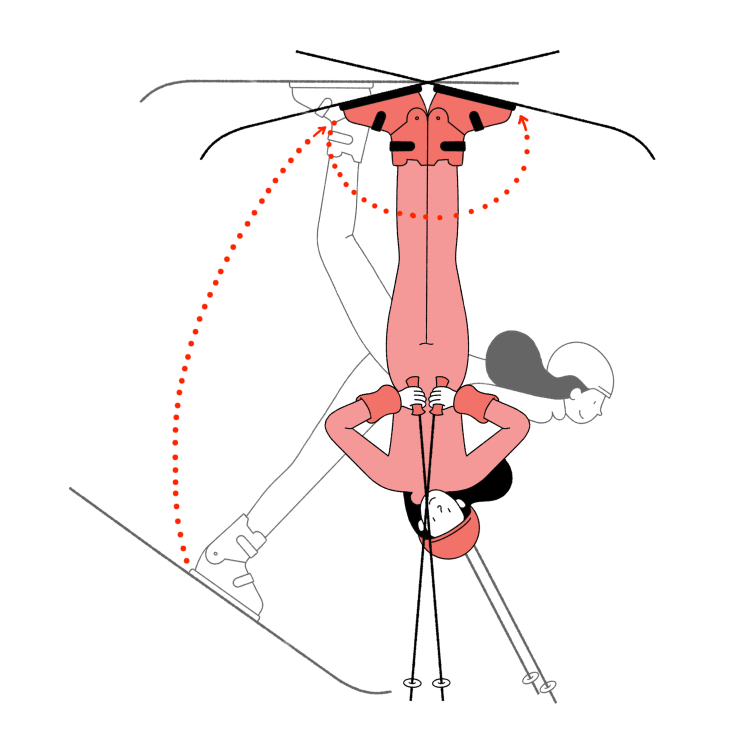 Illustration demonstrating a 'gut flip with full twist' move in ski ballet