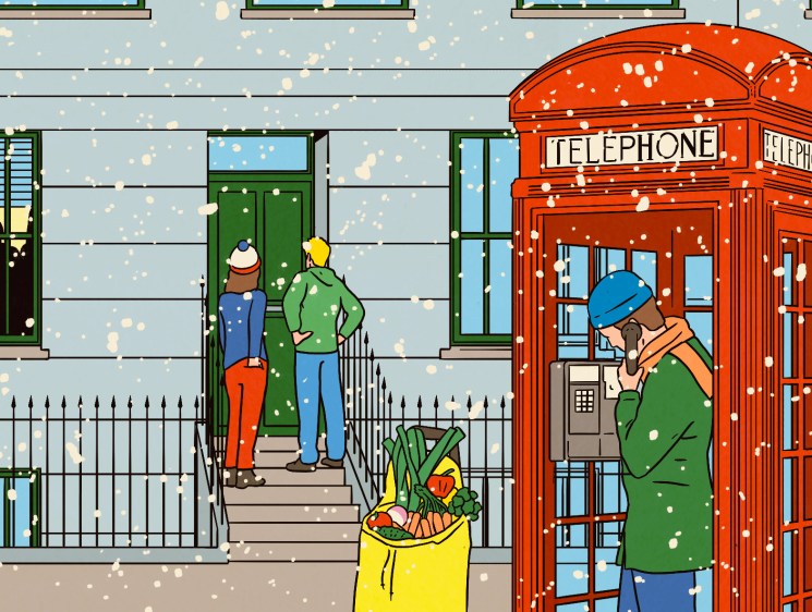 Illustration showing woman in a red telephone box in the snow