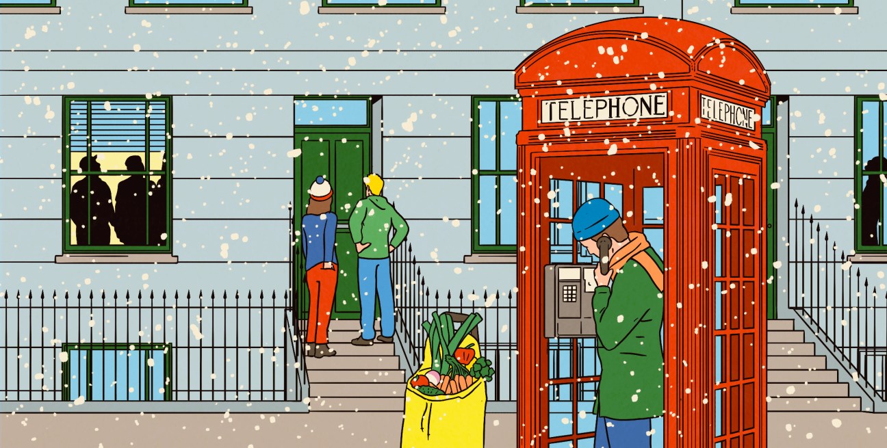 Illustration showing woman in a red telephone box in the snow