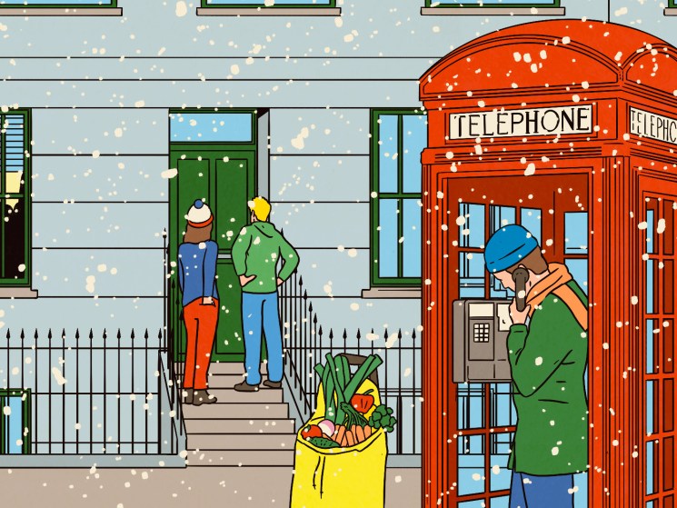Illustration showing woman in a red telephone box in the snow