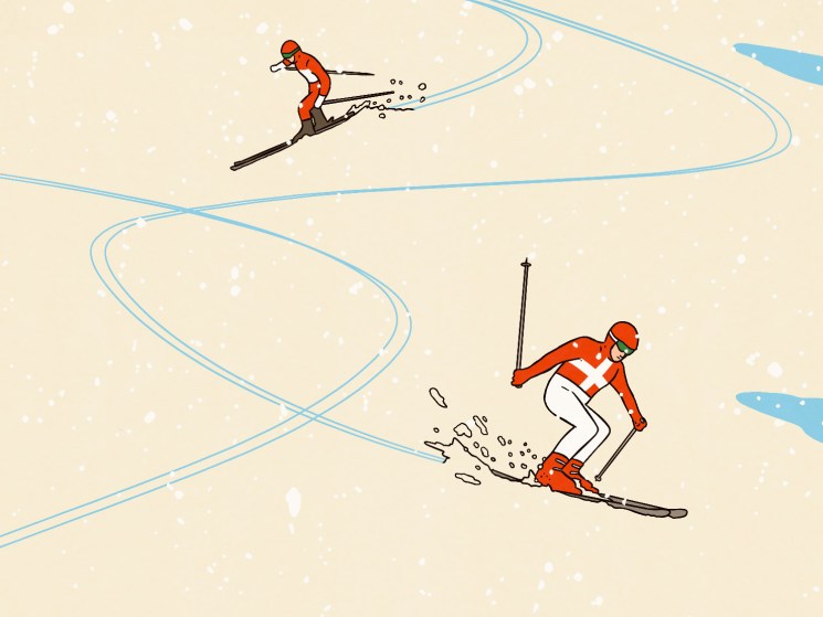 Illustrations showing two skiiers in red on a mountain