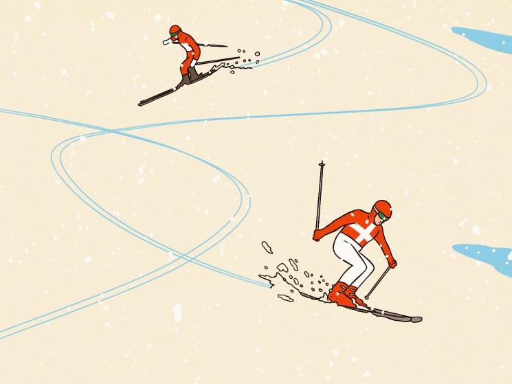 Illustrations showing two skiiers in red on a mountain