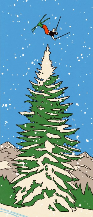 illustration showing skiier jumping over a tall pine tree