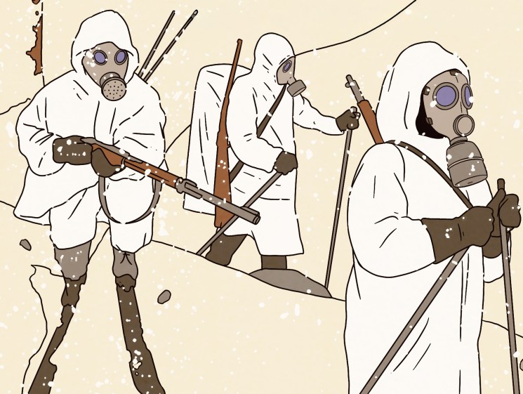 Illustration showing gas-mask wearing hooded figures on skis in a forest