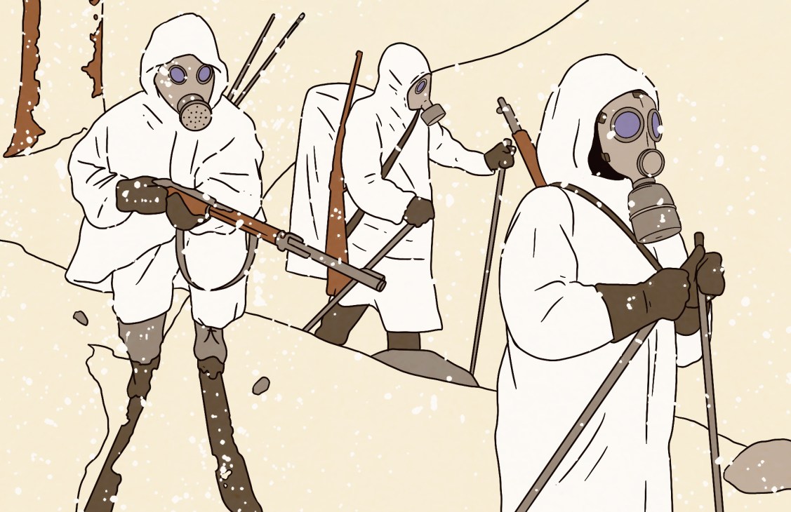Illustration showing gas-mask wearing hooded figures on skis in a forest