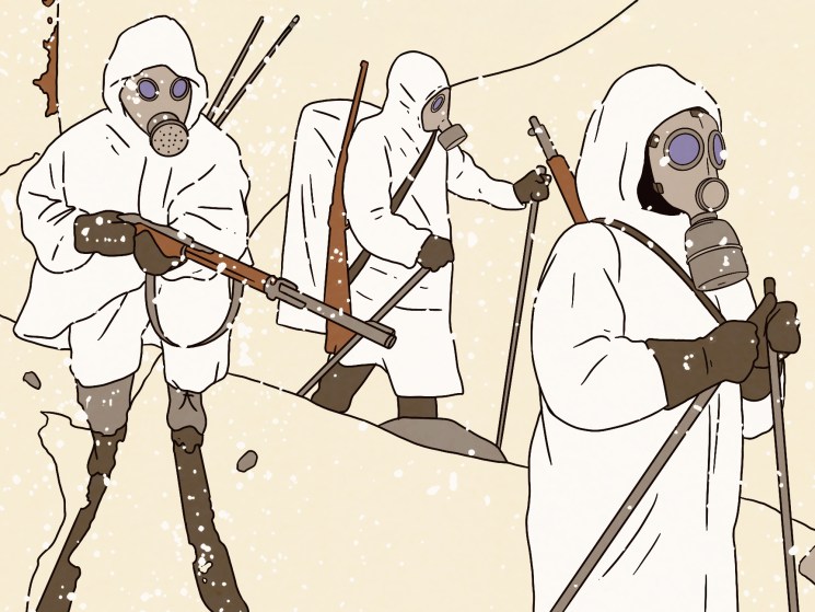 Illustration showing gas-mask wearing hooded figures on skis in a forest