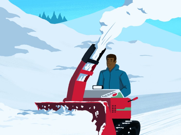 Man rides a red snow blower illustration