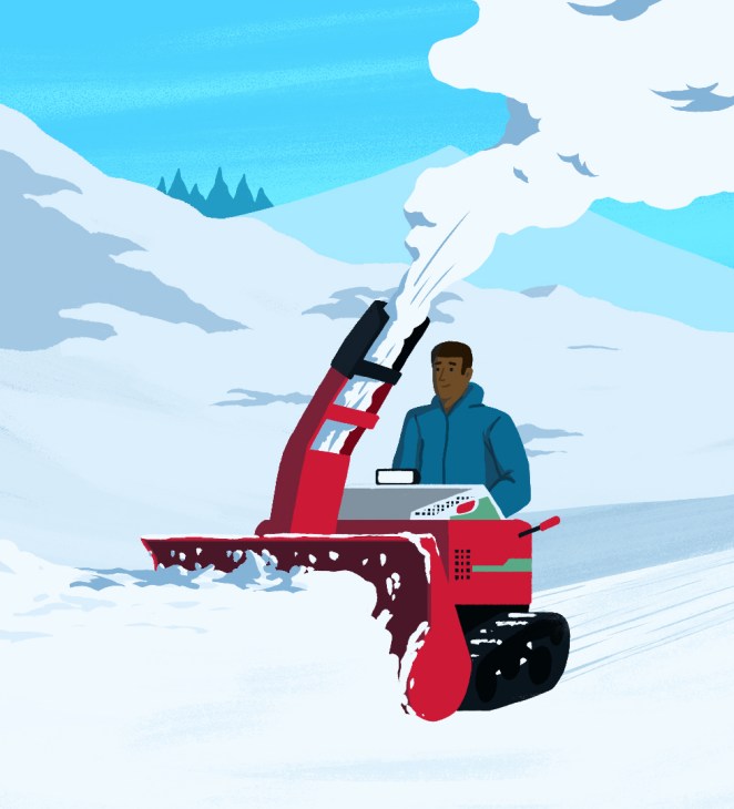 Man rides a red snow blower illustration