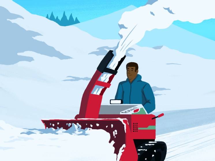 Man rides a red snow blower illustration