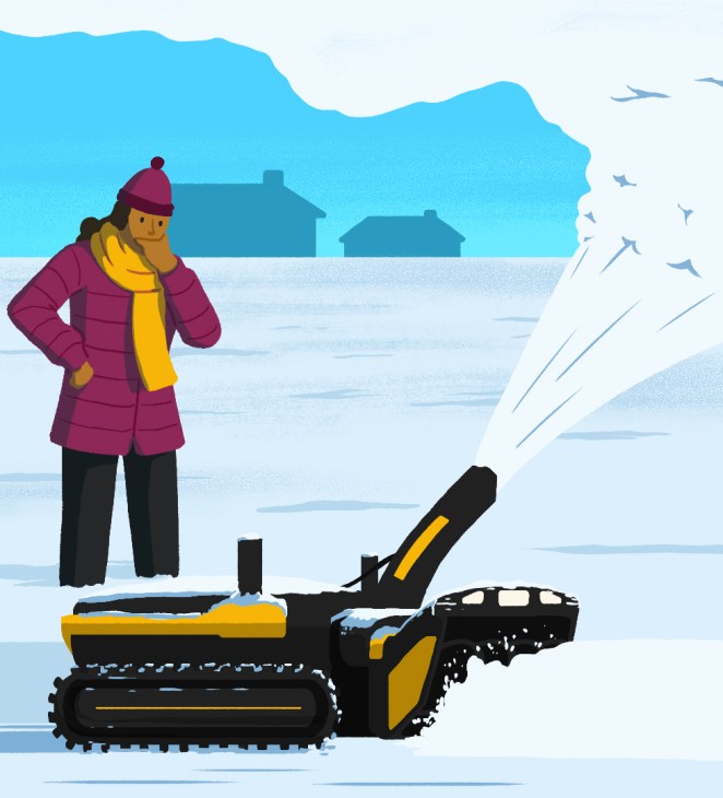 Illustration of woman looking at a snow blower