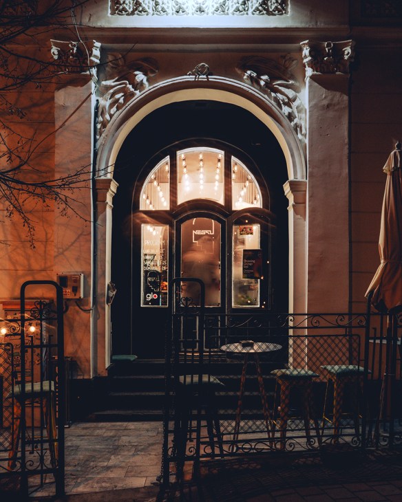 Entrance to Negru Zi cafe in Iasi, Romania