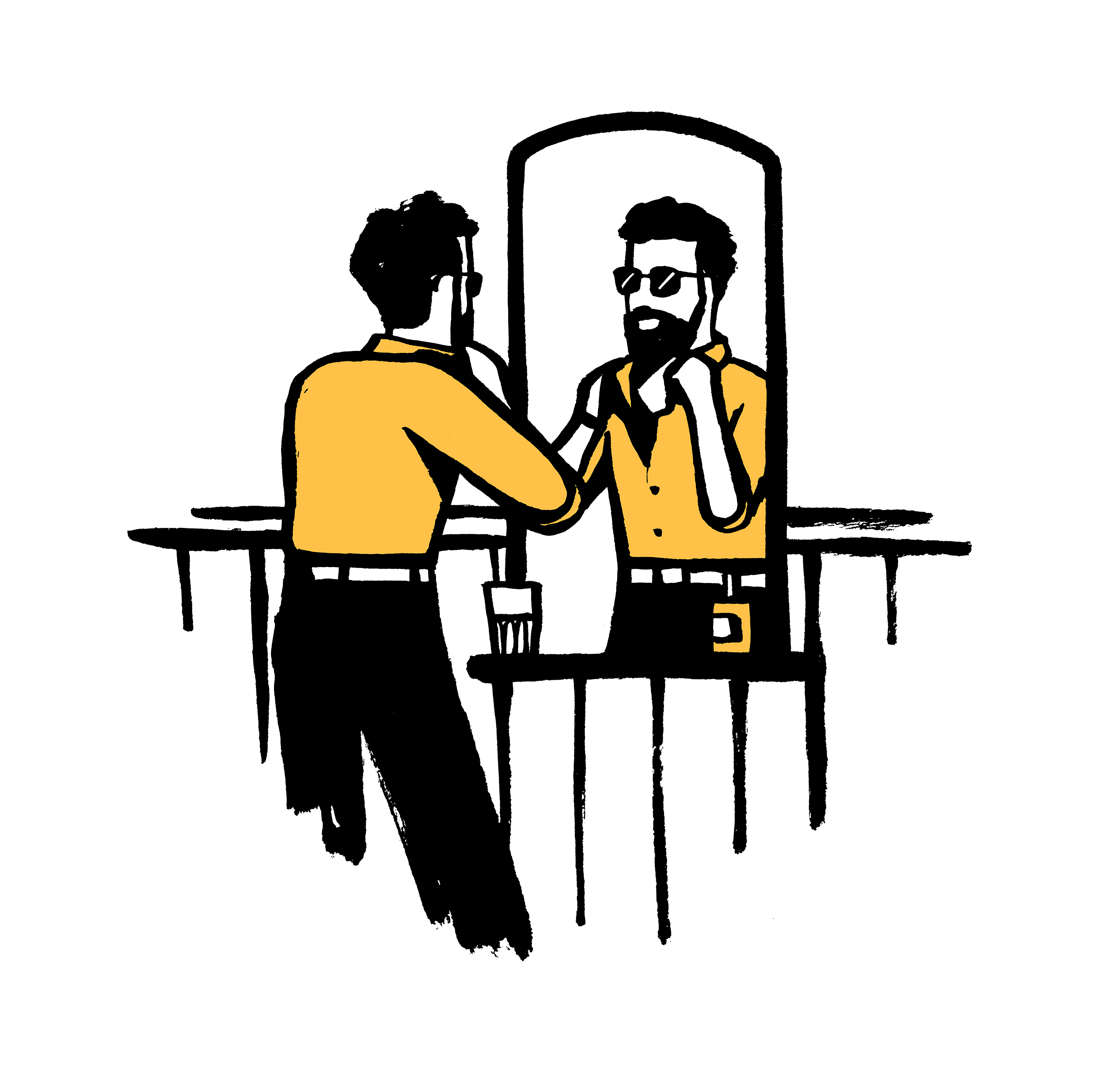 An illustration of a man getting dressed while looking in a mirror.