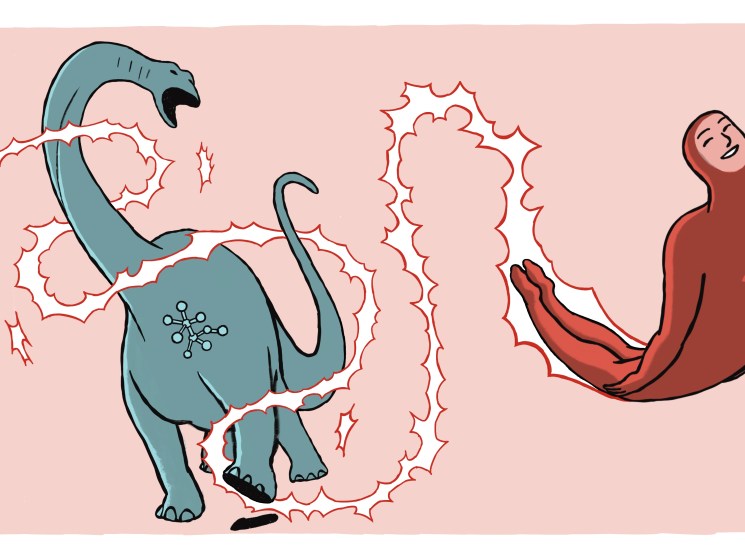 Illustration of a dinosaur and a 'The Flash' type character encircled by electricity