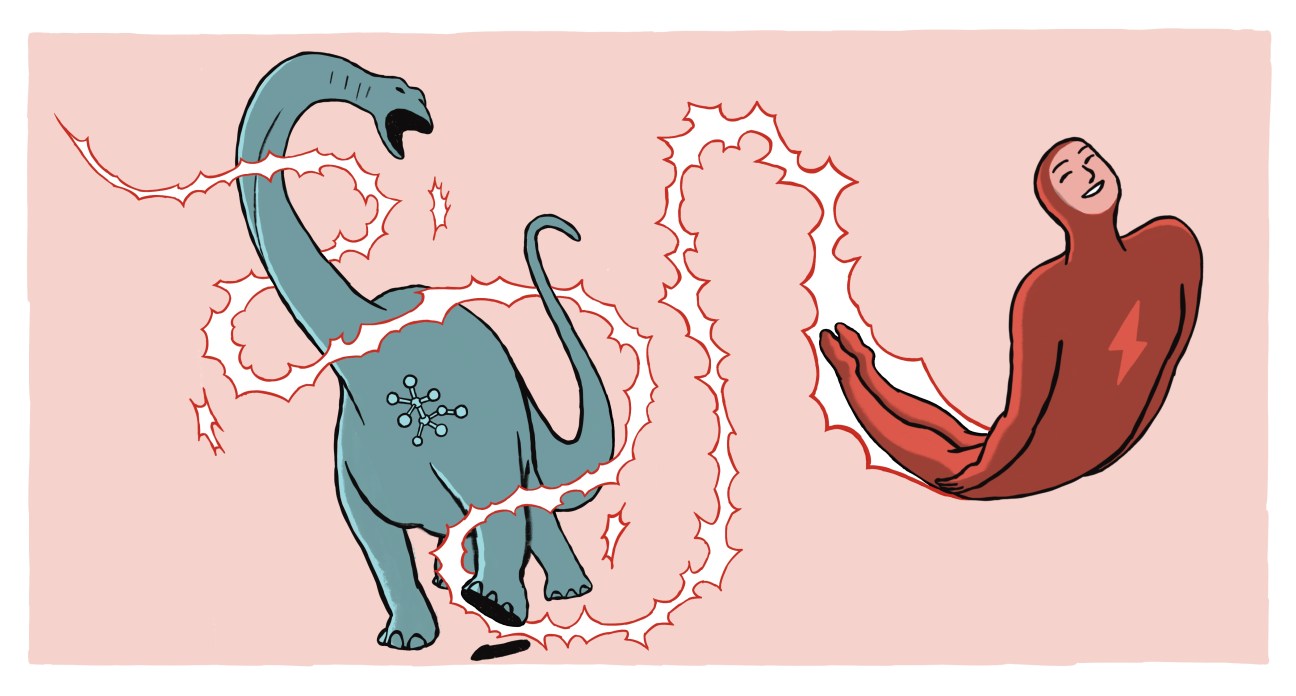 Illustration of a dinosaur and a 'The Flash' type character encircled by electricity