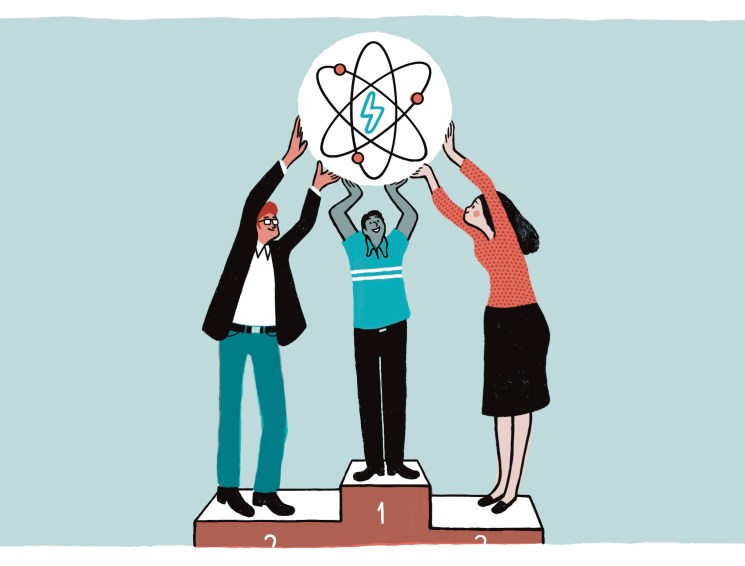 Illustration of 3 people on a medalists' podium, holding an atom with electricity voltage symbol
