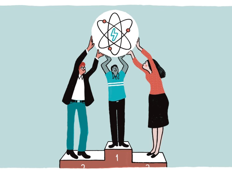 Illustration of 3 people on a medalists' podium, holding an atom with electricity voltage symbol