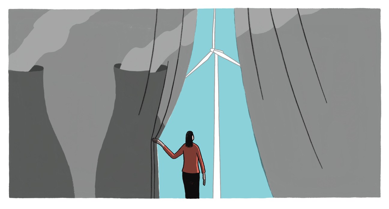 Illustrtion of a person pulling back a curtain to look at a wind farm