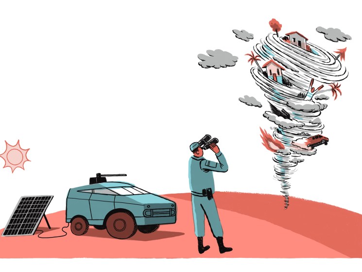 Illustration of a person in military dress looking through binoculars at a tornado