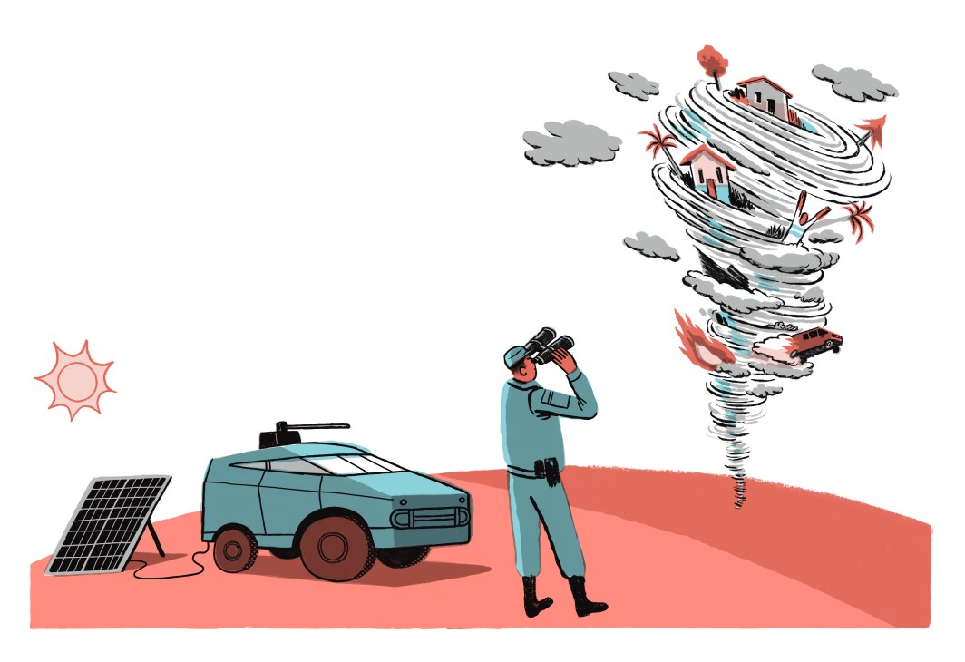 Illustration of a person in military dress looking through binoculars at a tornado