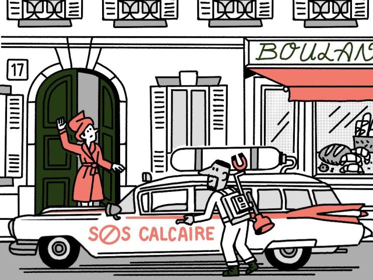 illustration of a parisian woman at an apartment building waving to SOS Calcaire car