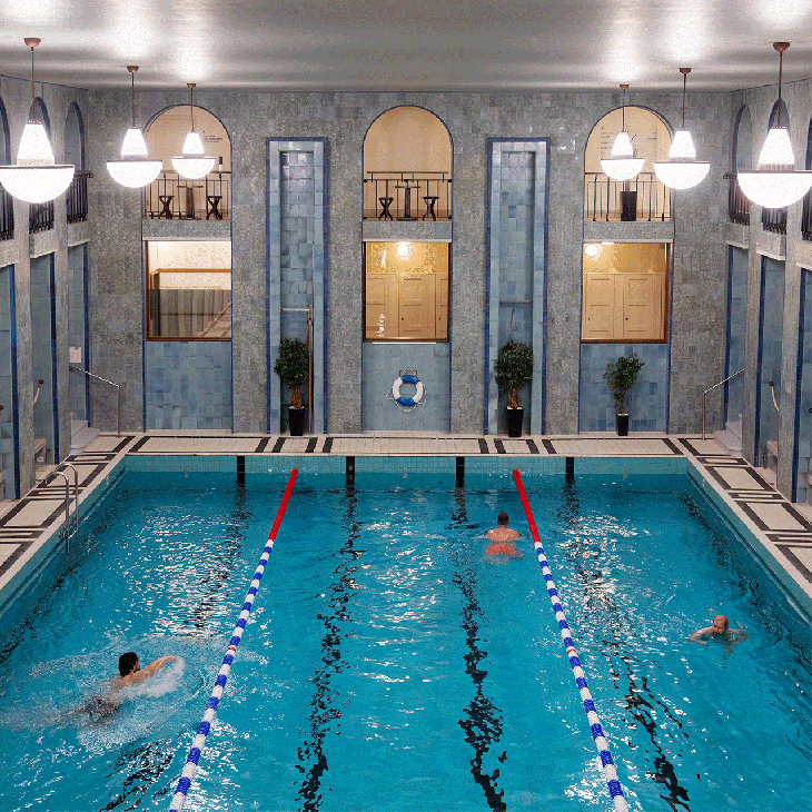 The beautiful swimming pools and changing rooms at Helsinki's redecorated Yrjönkatu swimming hall