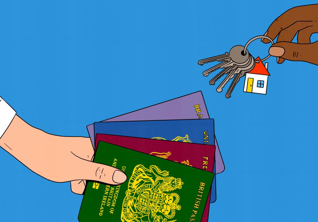 Illustration of hand holding multiple passports and another hand holding house keys