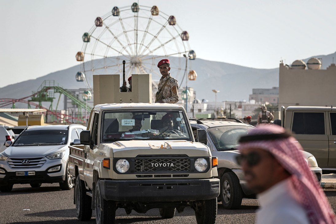 Saudi-backed forces in Yemen - a soldier in the back of a truck