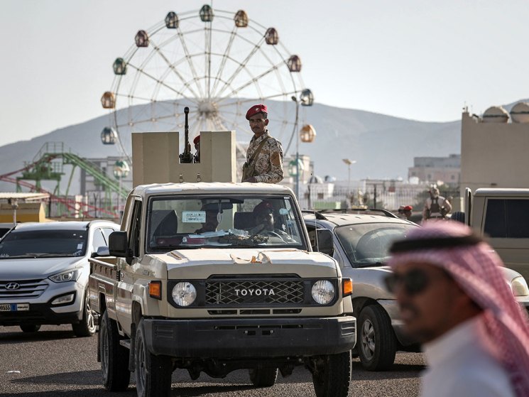 Saudi-backed forces in Yemen - a soldier in the back of a truck