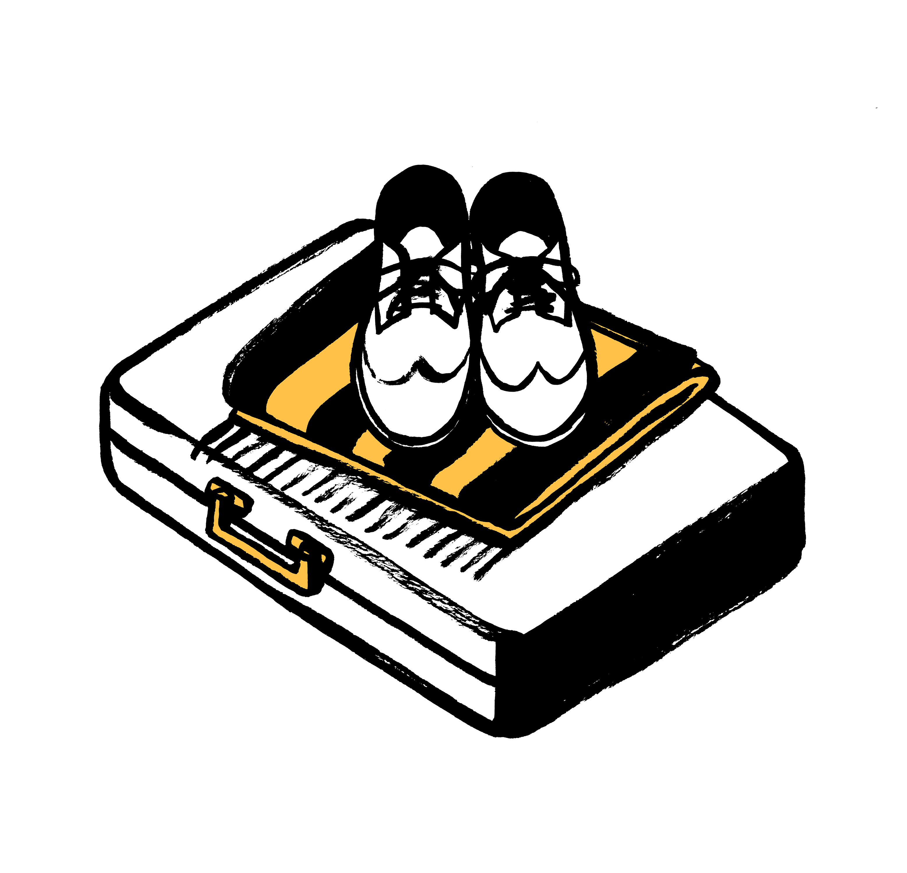 An illustration of a suitcase, beach towel and shoes.