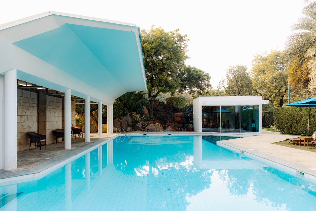 Exterior shot of the Finnish embassy in New Delhi, showing the white rippling roof