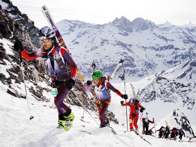 Racers of the Glacier Patrol race climb the Rosablanche pass on April 22, 2010. The Glacier Patrol (Patrouille des Glaciers) organized by the Swiss Army sees highly-experienced hiker-skiers trek across the Haute Route along the Swiss-Italian border from Zermatt to Verbier.