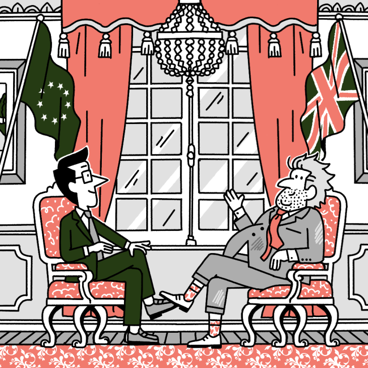 Illustration of Andrew Tuck having a conversation with a senior diplomant