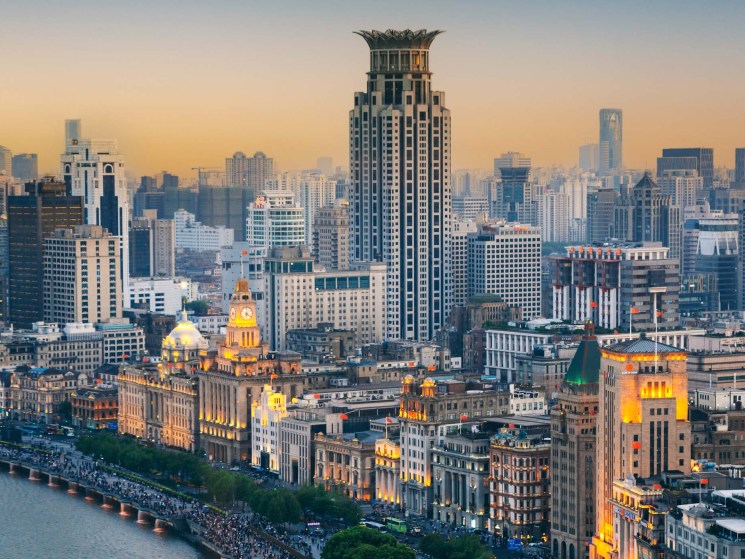 Aerial shot of the famous Bund in Shanghai, China