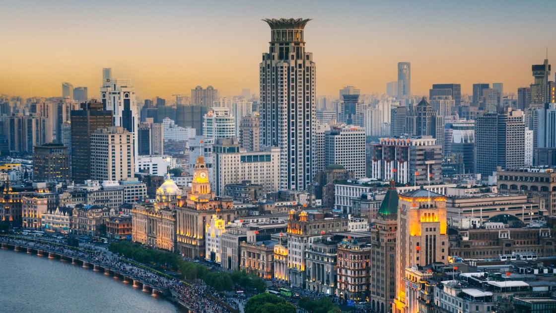 Aerial shot of the famous Bund in Shanghai, China