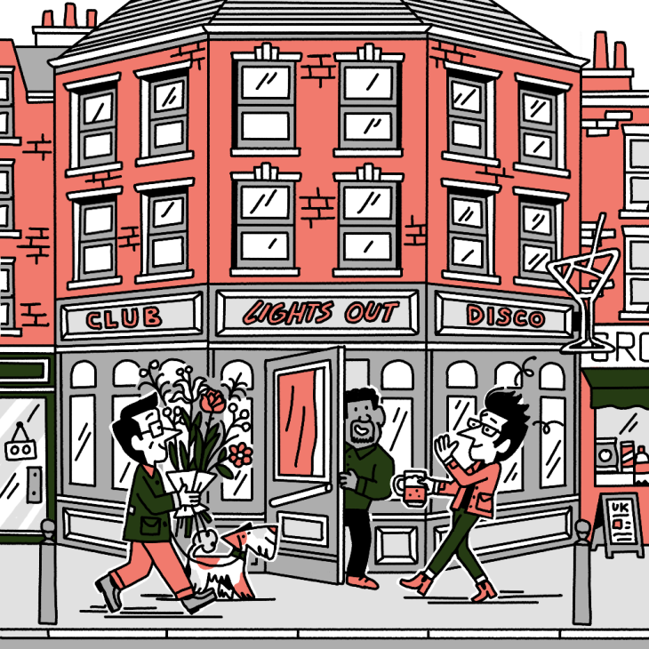 Andrew Tuck walking past a nightclub with a bunch of flowers