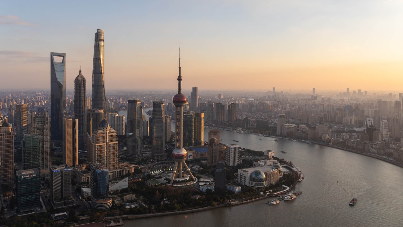 Sunset over Shanghai skyline in China