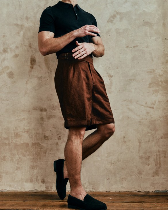 Model wearing brown tailored shorts from Anon