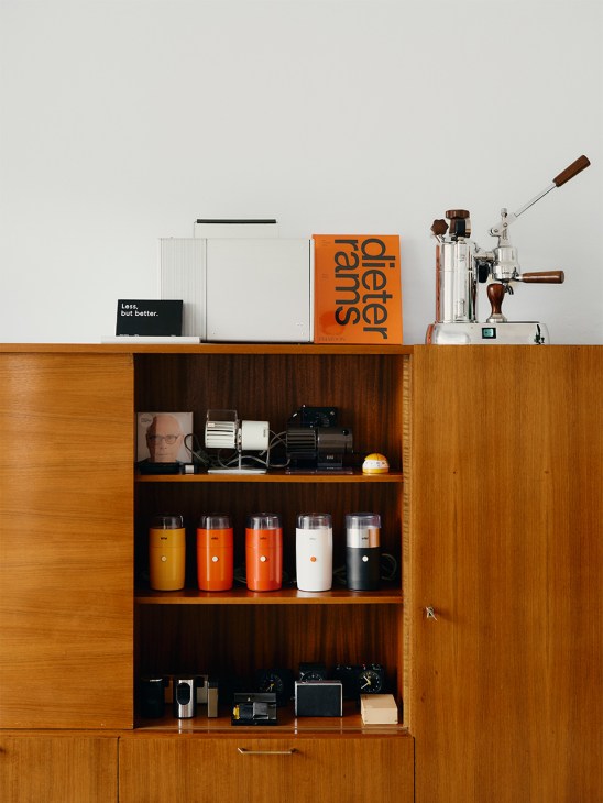 Teak cabinet with a coffee machne and accessories at Only/Once