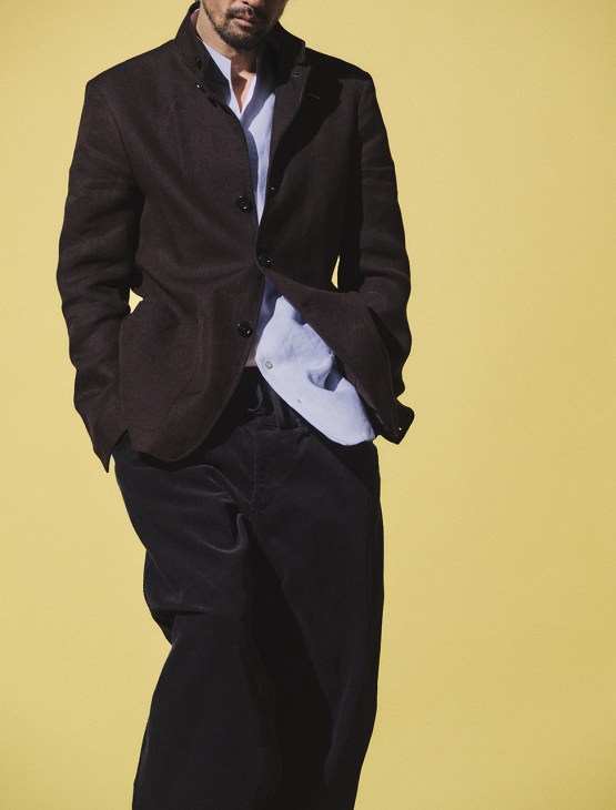 Model wearing Jacket and shirt by Zegna, trousers by Comoli