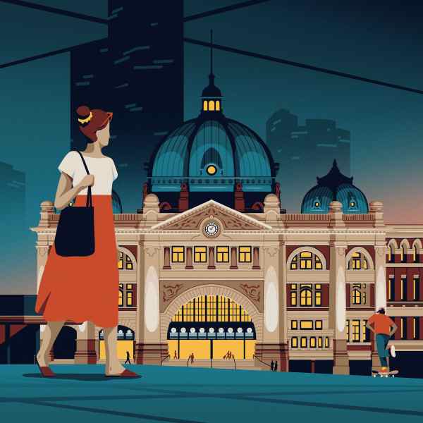 An illustration of Flinders Street Station in Melbourne, Australia