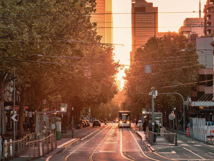 Melbourne city skyline at sunset