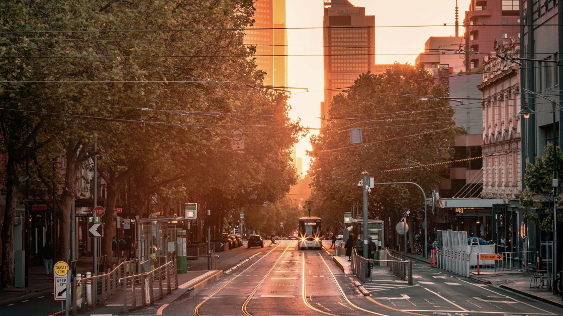 Melbourne city skyline at sunset